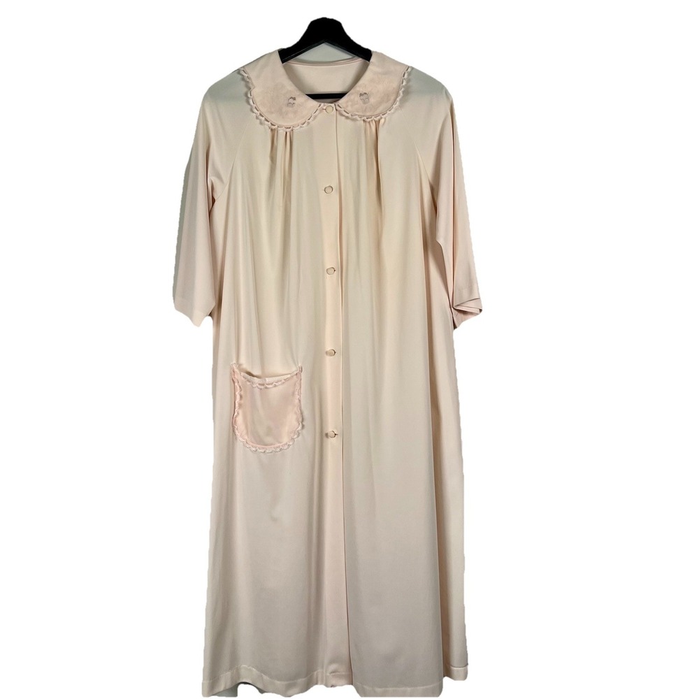 Shadowline Vintage Pastel Pink Nylon Button Front Robe Peter Pan Collar Medium